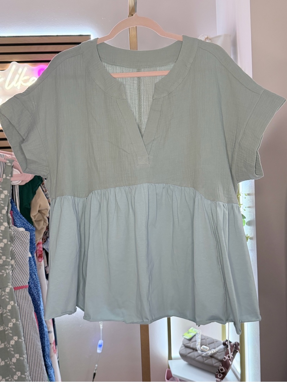 Women's Two-Tone Sage Peplum Tunic - Relaxed Fit